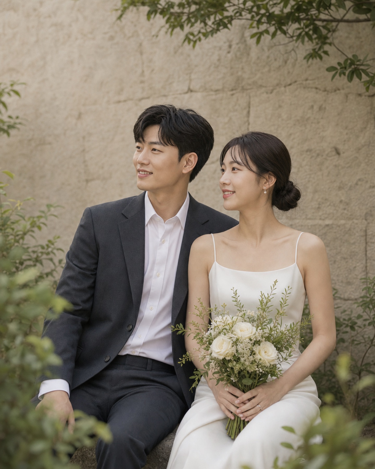 정원에 앉아 있는 가상의 신랑 신부